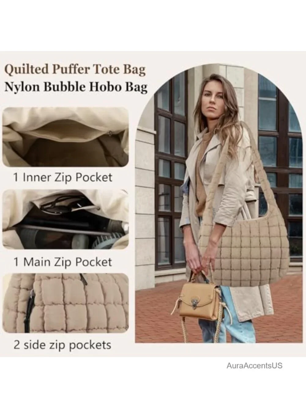 Quilted Puffer Tote Bag Puffy Crossbody Shoulder Bag with Zipper Nylon Hobo